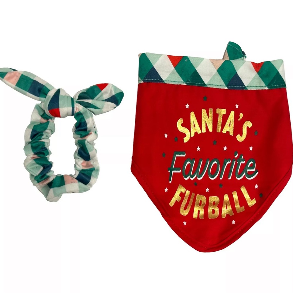 NWT Hallmark Pets Santa's Favorite Furball Bandana and Hair Tie 2-piece Set